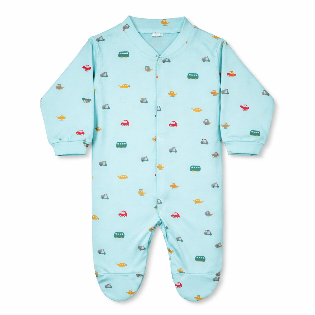 Mint Green Baby Sleepsuit with Cute Vehicle Print – Full Sleeve Cotton Romper