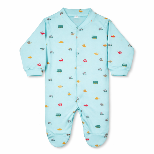 Mint Green Baby Sleepsuit with Cute Vehicle Print – Full Sleeve Cotton Romper