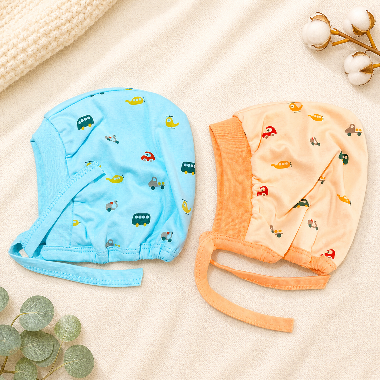 Newborn Baby Cotton Tie Knot Cap Set  Orange & Blue Vehicle Print Infant Caps Soft & Breathable (Pack of 2)- Cutypi