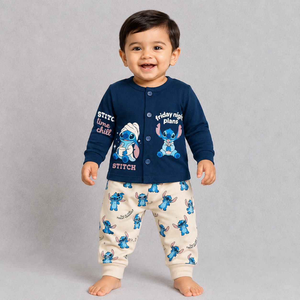 Cucumber Navy Blue Cartoon Print Top & Cream Printed Pants Kids Set