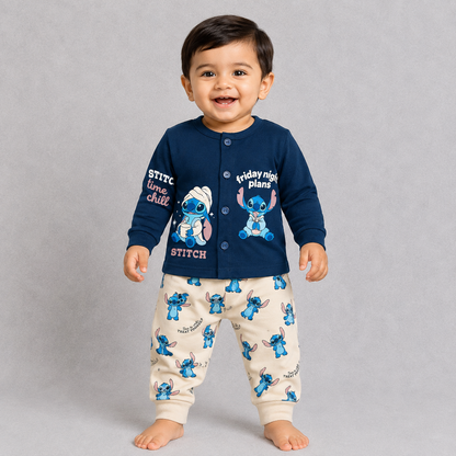 Cucumber Navy Blue Cartoon Print Top & Cream Printed Pants Kids Set
