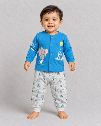 Cucumber Blue Cartoon Print Top & Cream Printed Pants Kids Set