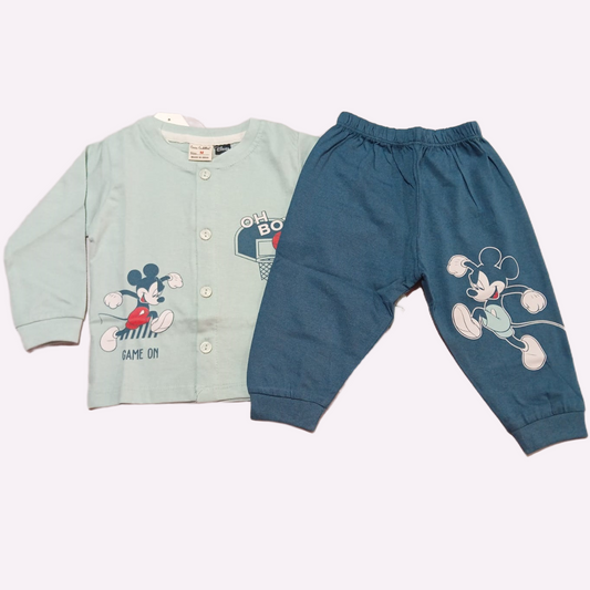 Cucumber Mint Green Mickey Game On Kids Co-Ord Set – Full Sleeve Cotton Top & Pants  - Cutypi