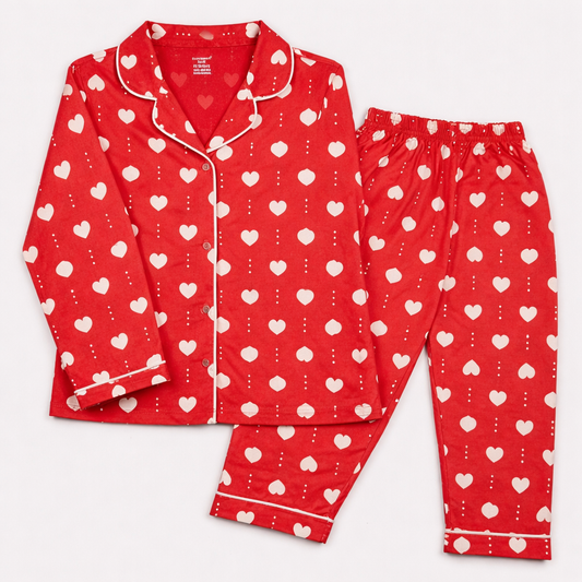 Red Heart Print Girl's Night Suit Set – Button Down Top & Pajama