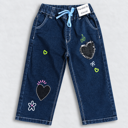 OlioKids Girls Dark Blue Heart Print Jeans | Kids Denim Pants