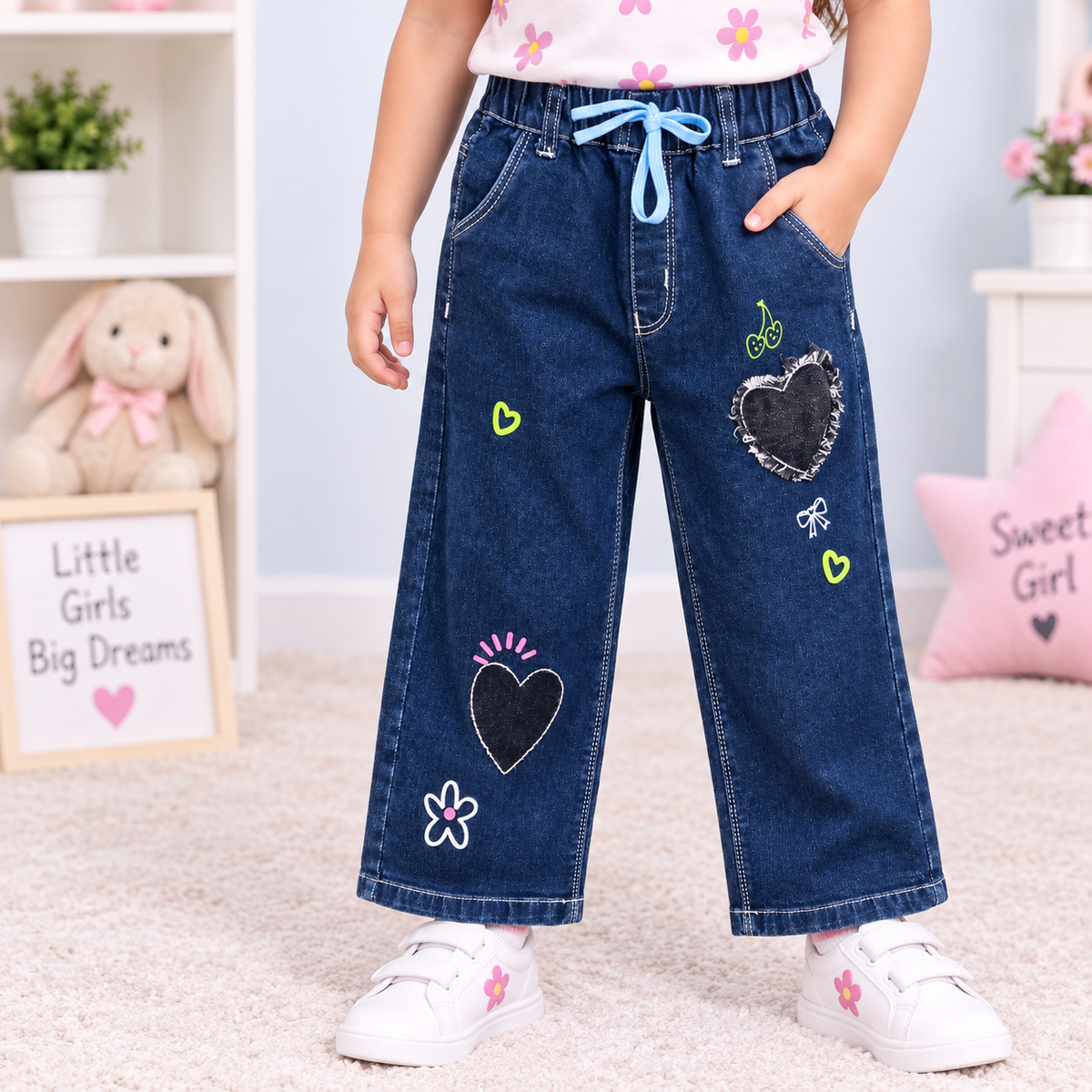 OlioKids Girls Dark Blue Heart Print Jeans | Kids Denim Pants | Cutypi