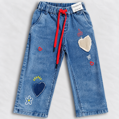 OlioKids Girls Blue Floral Embroidered Jeans | Kids Denim Pants
