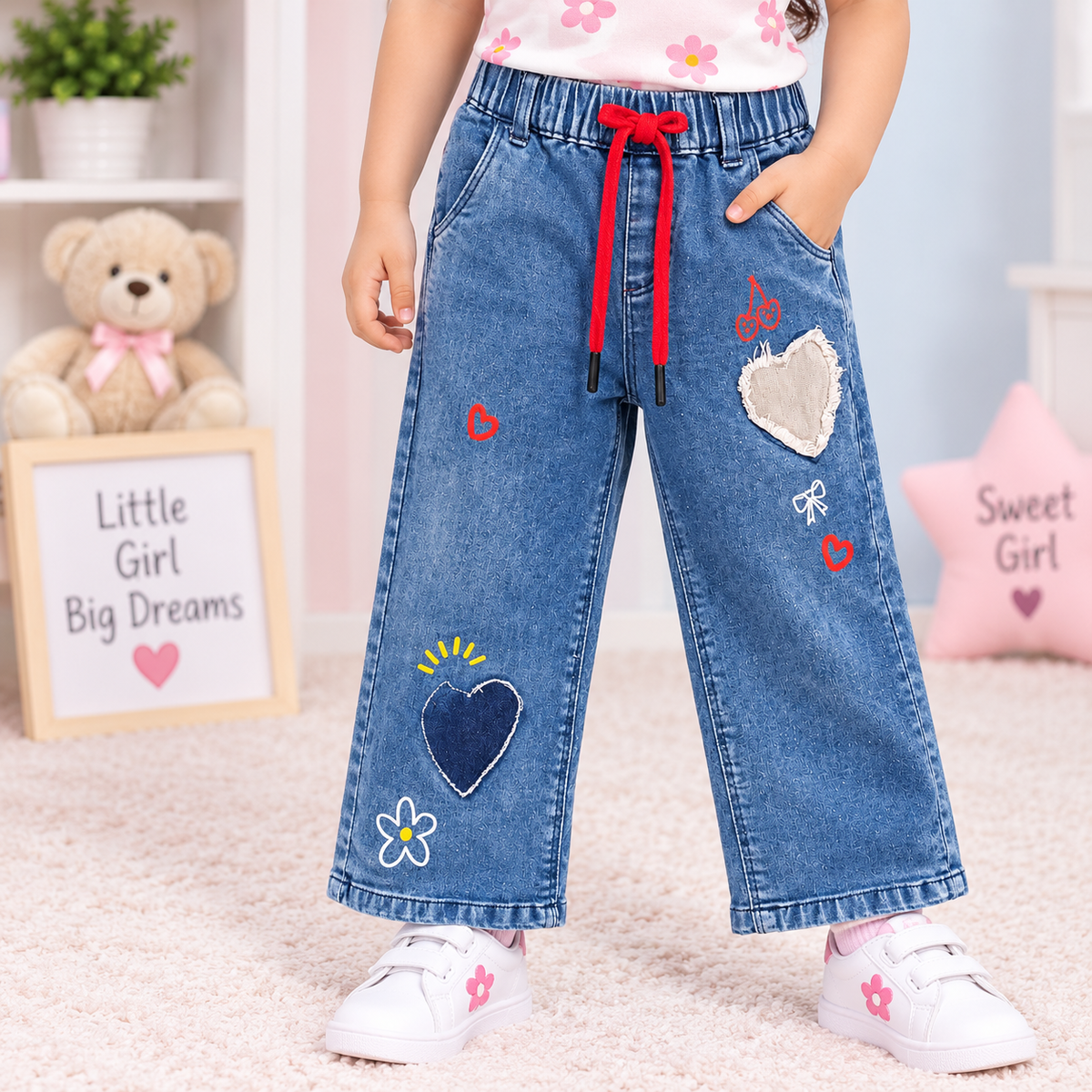 OlioKids Girls Blue Floral Embroidered Jeans | Kids Denim Pants | Cutypi
