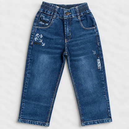 OlioKids Boys Blue Denim Jeans | Parallel Fit Printed Kids Jeans