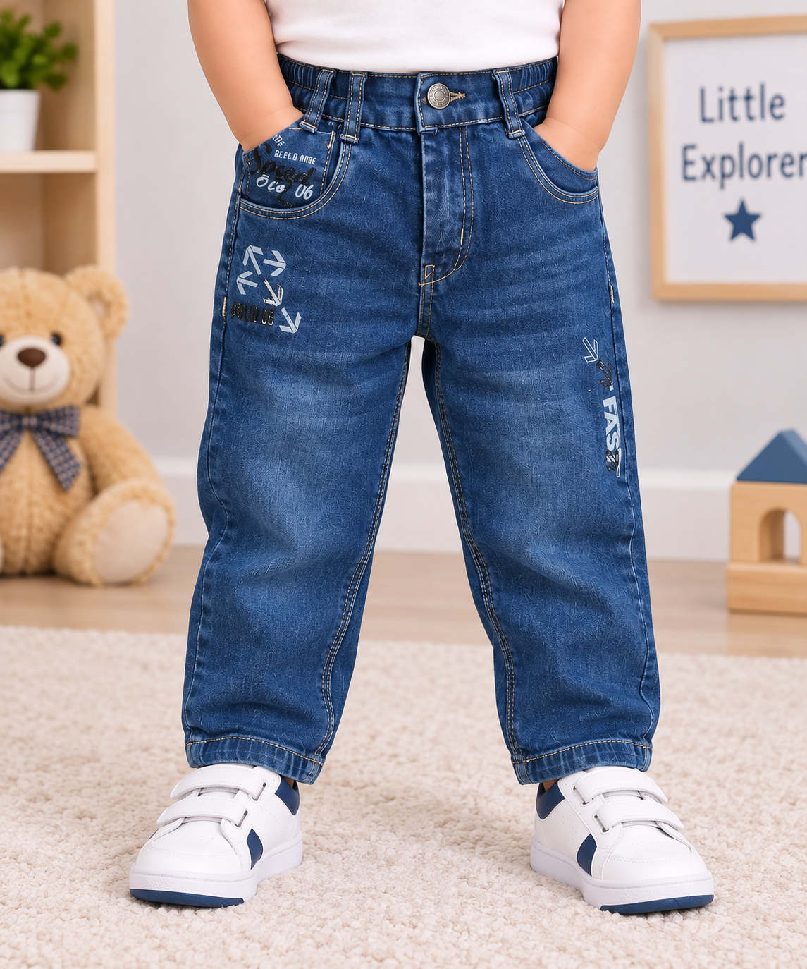 OlioKids Boys Blue Denim Jeans | Parallel Fit Printed Kids Jeans | Cutypi