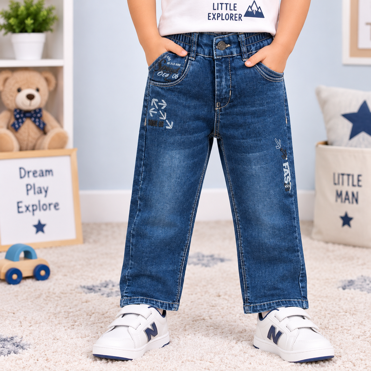 OlioKids Boys Blue Denim Jeans | Stylish Printed Kids Jeans