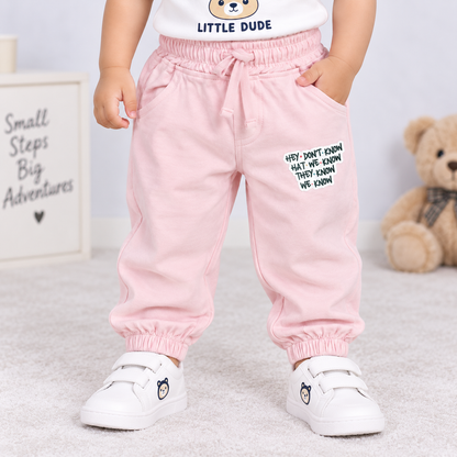 OlioKids girls light pink jogger pants with elastic waist, drawstring, side pockets and motivational graphic print