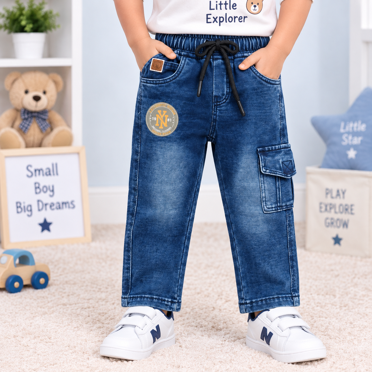 OlioKids Boys Blue Cargo Jeans with Pocket | Kids Denim Pants | Cutypi