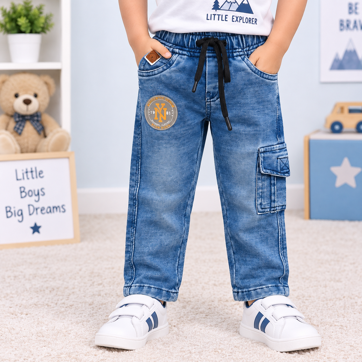 OlioKids Boys Blue Denim Cargo Jogger Pants | Kids Jeans