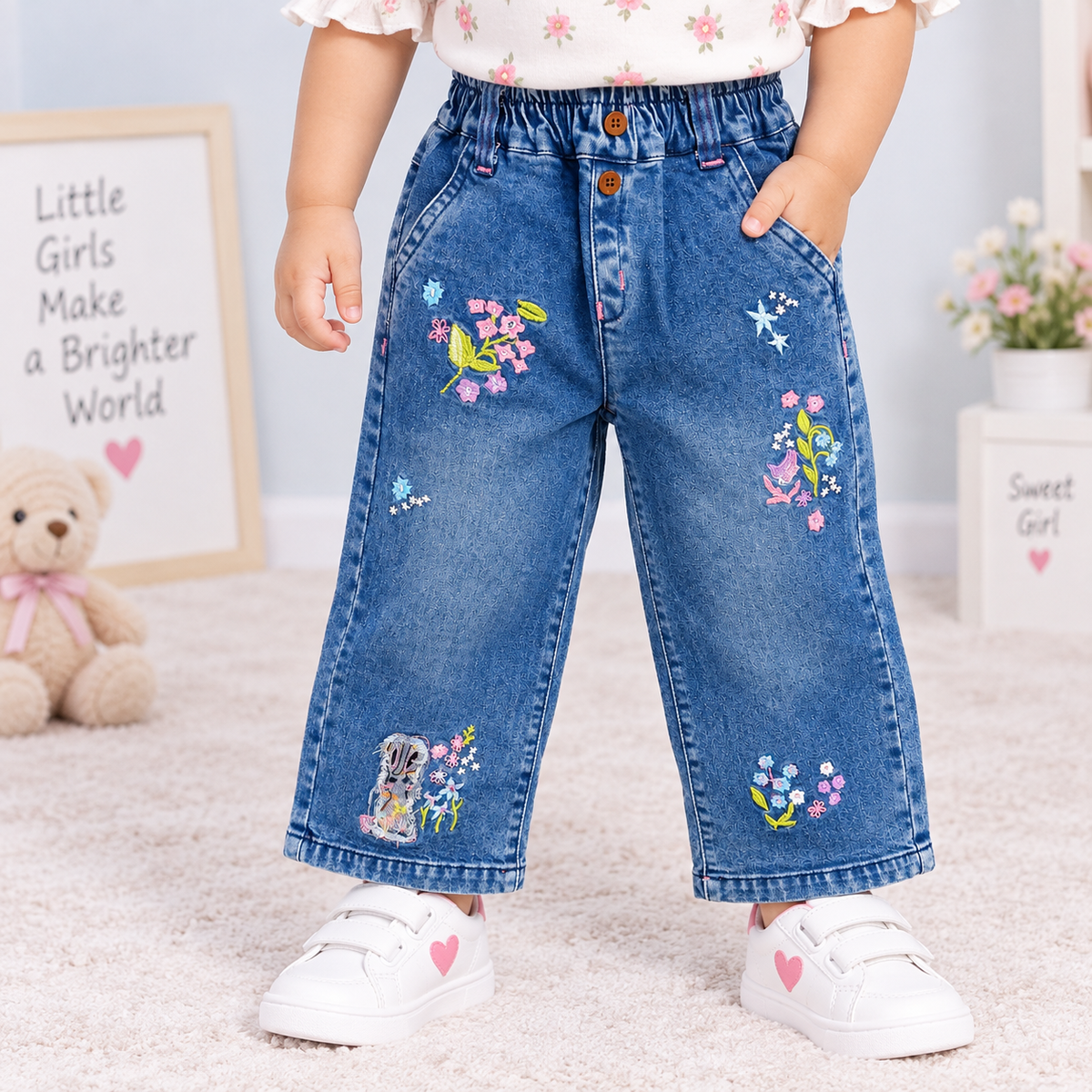 OlioKids Girls Blue Floral Embroidered Jeans | Kids Denim Pants | Cutypi