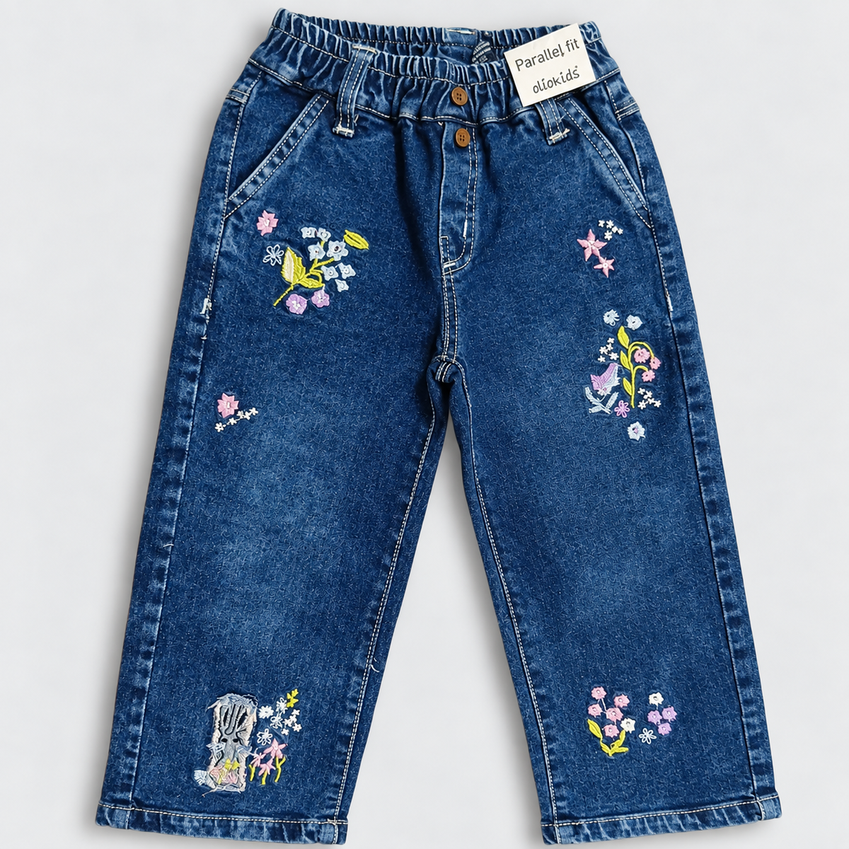 OlioKids Girls Blue Floral Embroidered Jeans | Kids Denim Pants