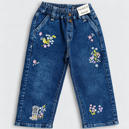 OlioKids Girls Blue Floral Embroidered Jeans | Kids Denim Pants