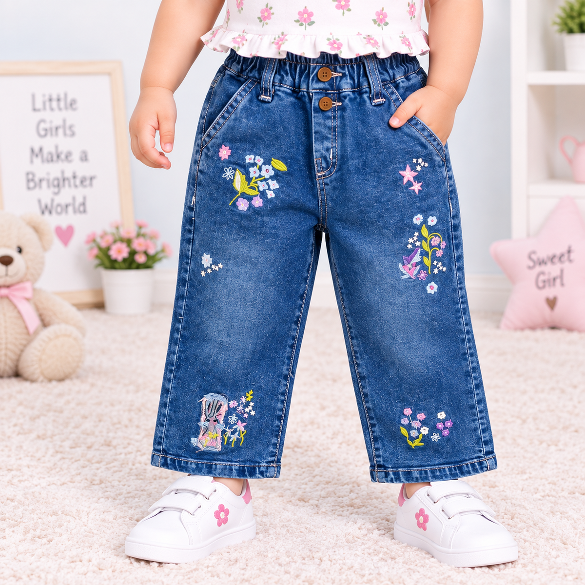 OlioKids Girls Blue Floral Embroidered Jeans | Kids Denim Pants | Cutypi
