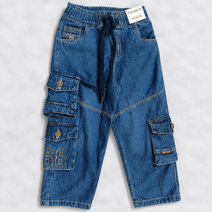 OlioKids Boys Blue Cargo Jeans | Kids Denim Pants with Multiple Pockets