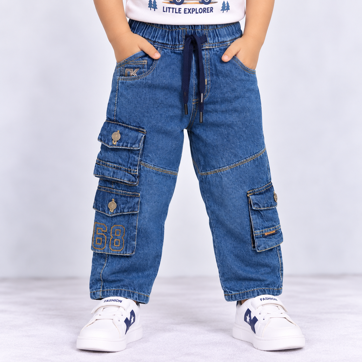 OlioKids boys blue cargo jeans with elastic waist, drawstring, multiple pockets and number 68 detail