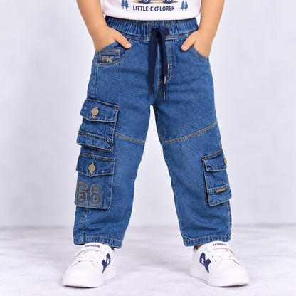 OlioKids boys blue cargo jeans with elastic waist, drawstring, multiple pockets and number 68 detail