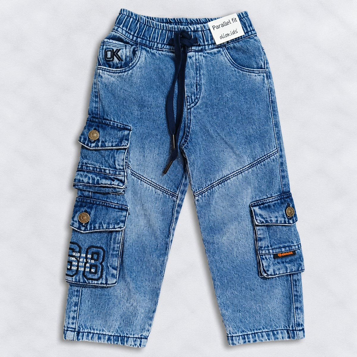 OlioKids Boys Blue Cargo Jeans | Kids Denim Pants with Multiple Pockets