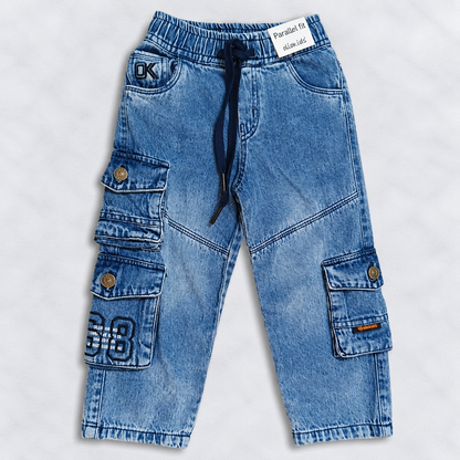 OlioKids Boys Blue Cargo Jeans | Kids Denim Pants with Multiple Pockets