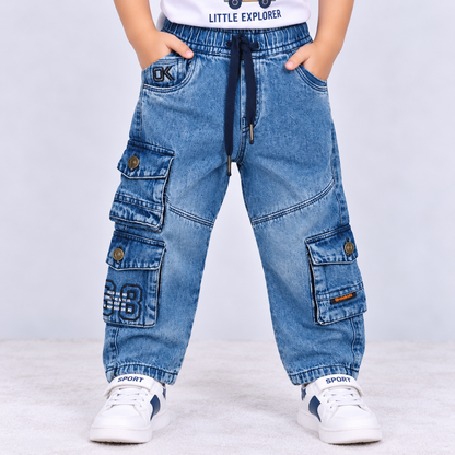 OlioKids boys light blue denim cargo pants with elastic waist, drawstring and multiple utility pockets | Cutypi