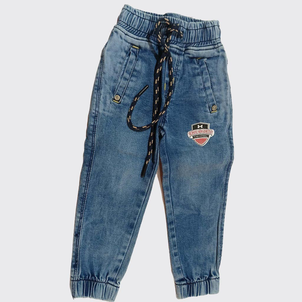 OlioKids Boys Blue Denim Jogger Pants | Kids Jeans with Football Print