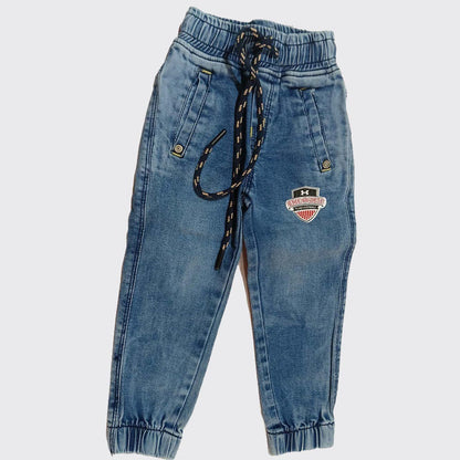 OlioKids Boys Blue Denim Jogger Pants | Kids Jeans with Football Print