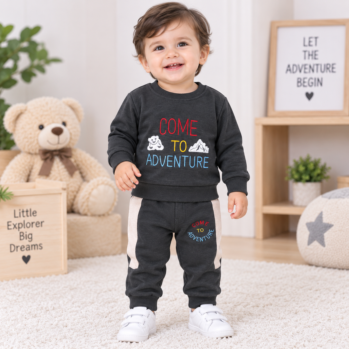 Brats and Dolls boys black sweatshirt and jogger winter co-ord set with Come to Adventure print | Cutypi