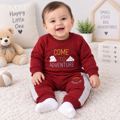 Brats and Dolls boys maroon sweatshirt and jogger winter co-ord set with Come to Adventure print | Cutypi