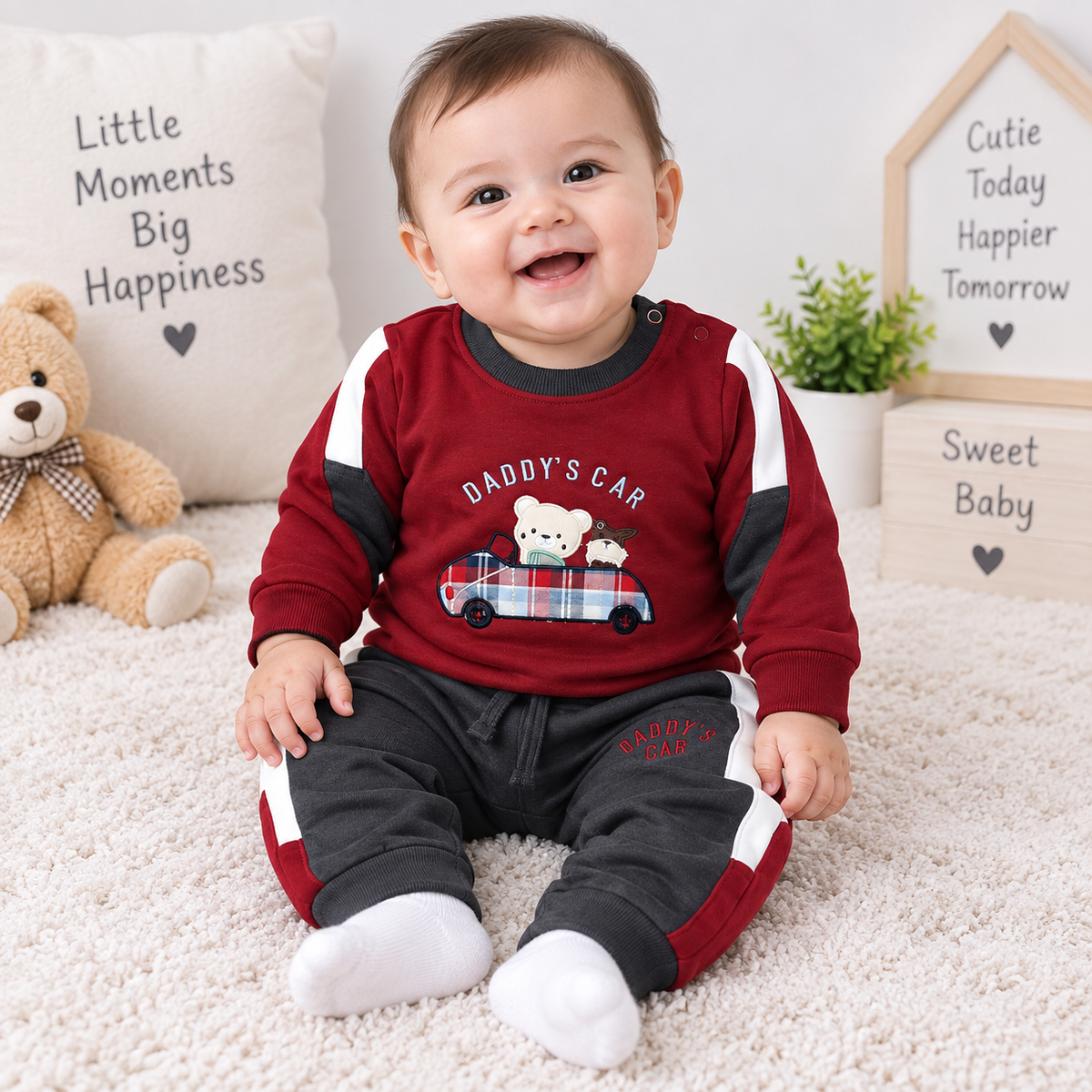 Brats and Dolls boys maroon sweatshirt and grey jogger winter co-ord set with Daddy's Car print | Cutypi