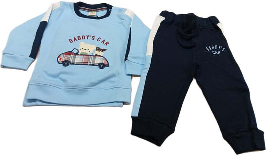 Full Sleeves T-Shirt & Pant Set With Car Patch & Embroidery - Sky Blue