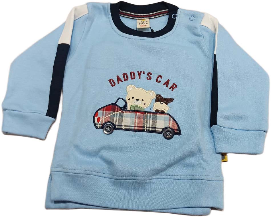 Full Sleeves T-Shirt & Pant Set With Car Patch & Embroidery - Sky Blue