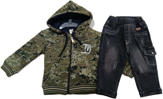 Baby Boys Graphic Print Full Sleeves Multicolor Hoodie Jeans set