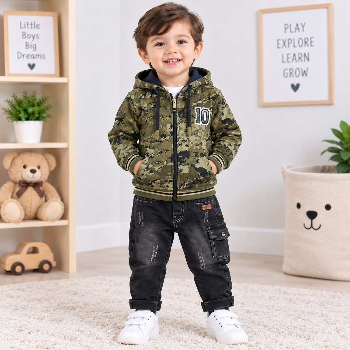Boys Camouflage Hooded Jacket with Denim Jeans Set | Winter Wear