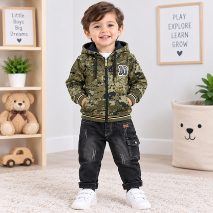 Boys Camouflage Hooded Jacket with Denim Jeans Set | Winter Wear