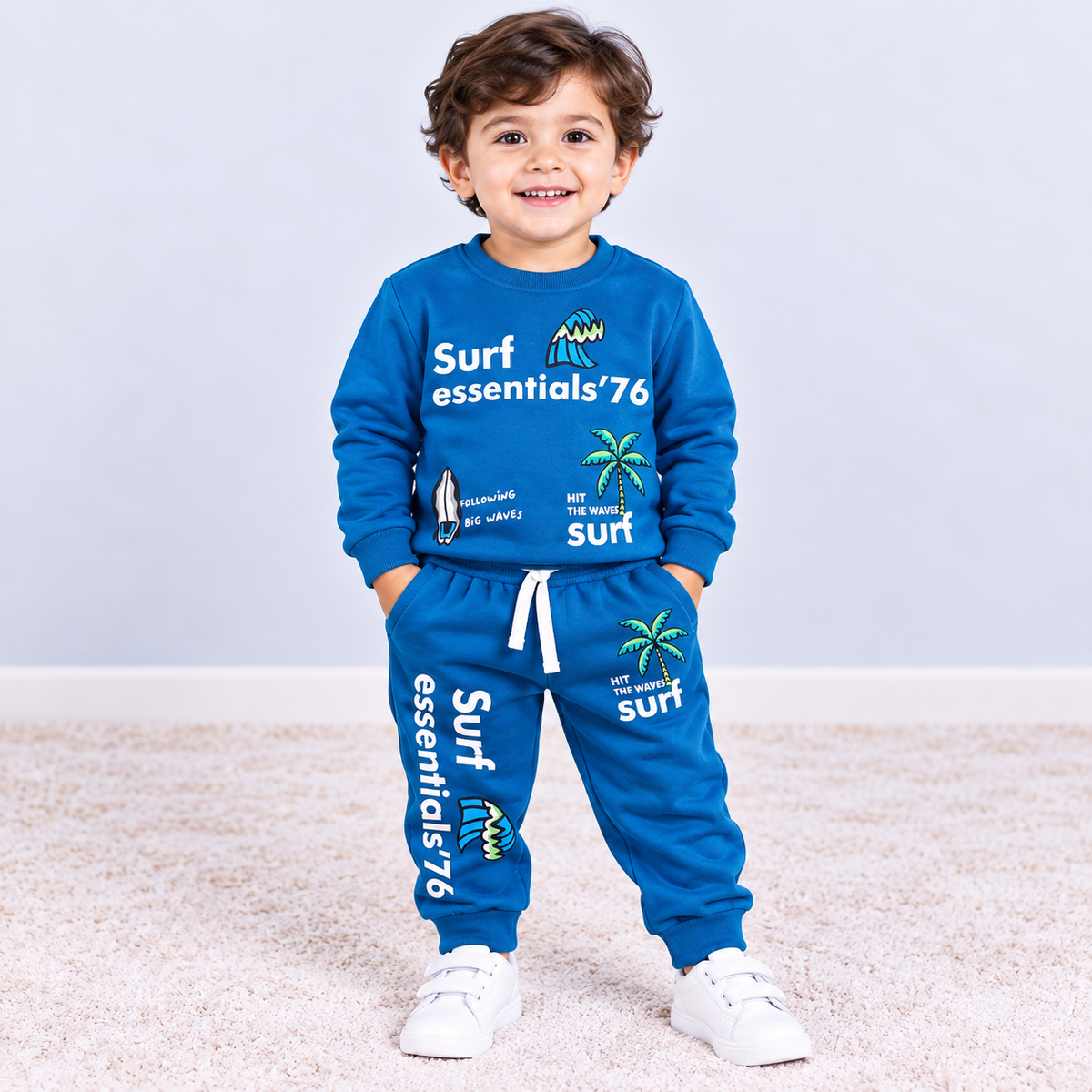 Cucumber Boys Blue Surf Printed Sweatshirt & Jogger Set | Winter Wear Co-Ord Set | Cutypi