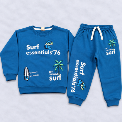 Cucumber Boys Blue Surf Printed Sweatshirt & Jogger Set | Winter Wear Co-Ord Set