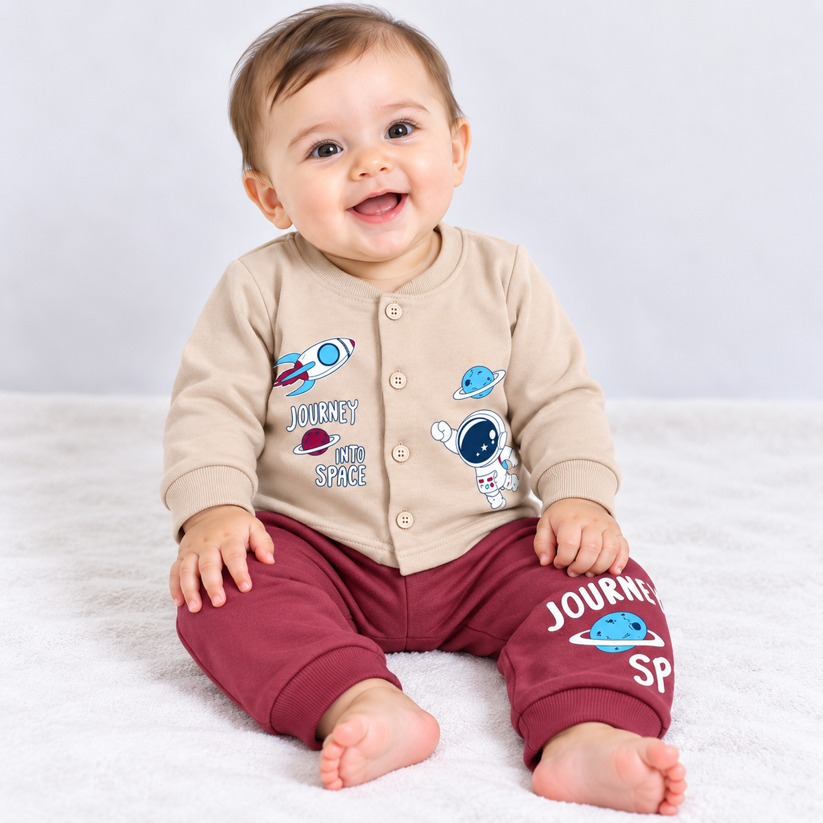 Cucumber baby boys cream and maroon space print full sleeve top and jogger set