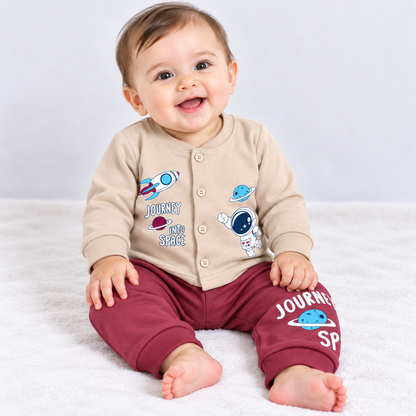 Cucumber baby boys cream and maroon space print full sleeve top and jogger set