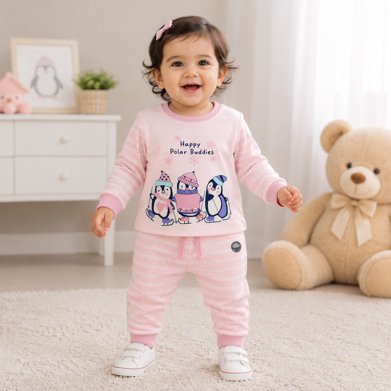 Cucumber Knit Full Sleeves Winter Wear Suit with Penguin Graphic - Light Pink