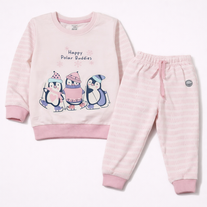 Cucumber Knit Full Sleeves Winter Wear Suit with Penguin Graphic - Light Pink