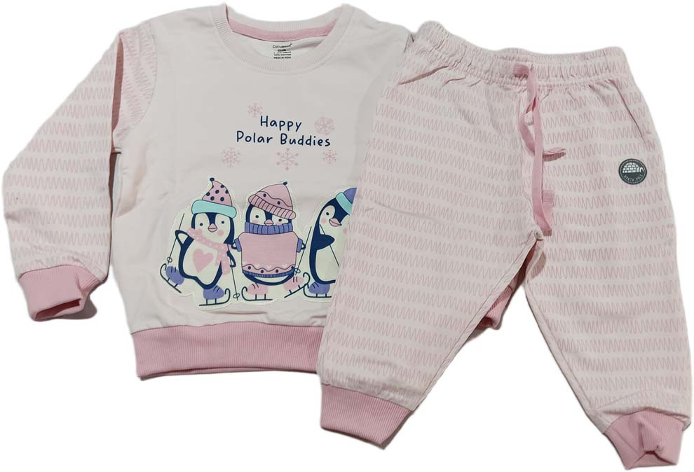 Knit Full Sleeves Winter Wear Suit with Penguin Graphic - Light Pink
