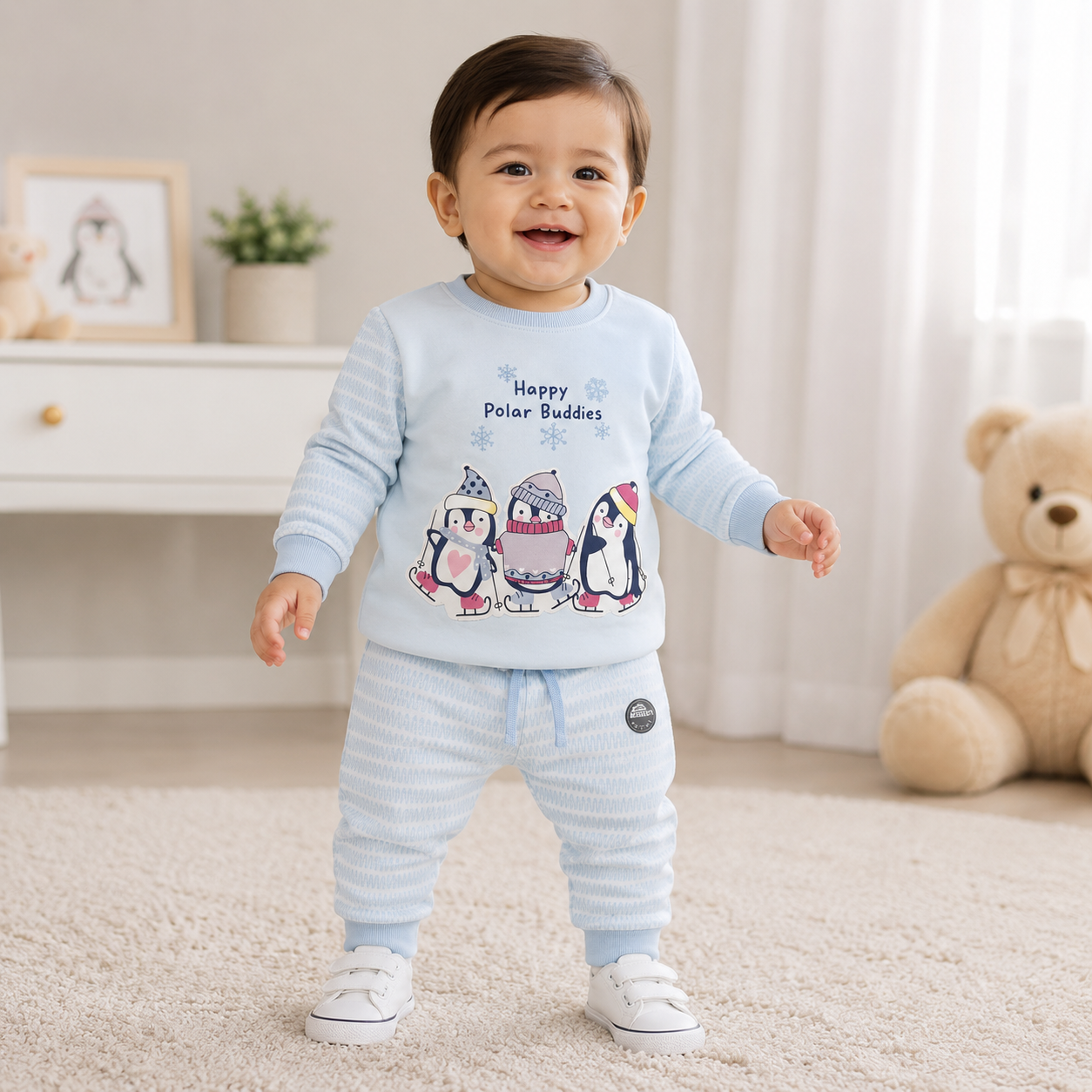 Cucumber Knit Full Sleeves Winter Wear Suit with Penguin Graphic - Light Green