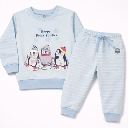 Cucumber Knit Full Sleeves Winter Wear Suit with Penguin Graphic - Light Green