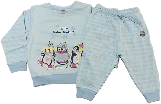 Knit Full Sleeves Winter Wear Suit with Penguin Graphic - Light Green