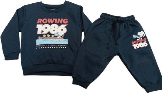 Baby Full Sleeves Printed Fleece Winter Pullover with Jogger - Dark Blue