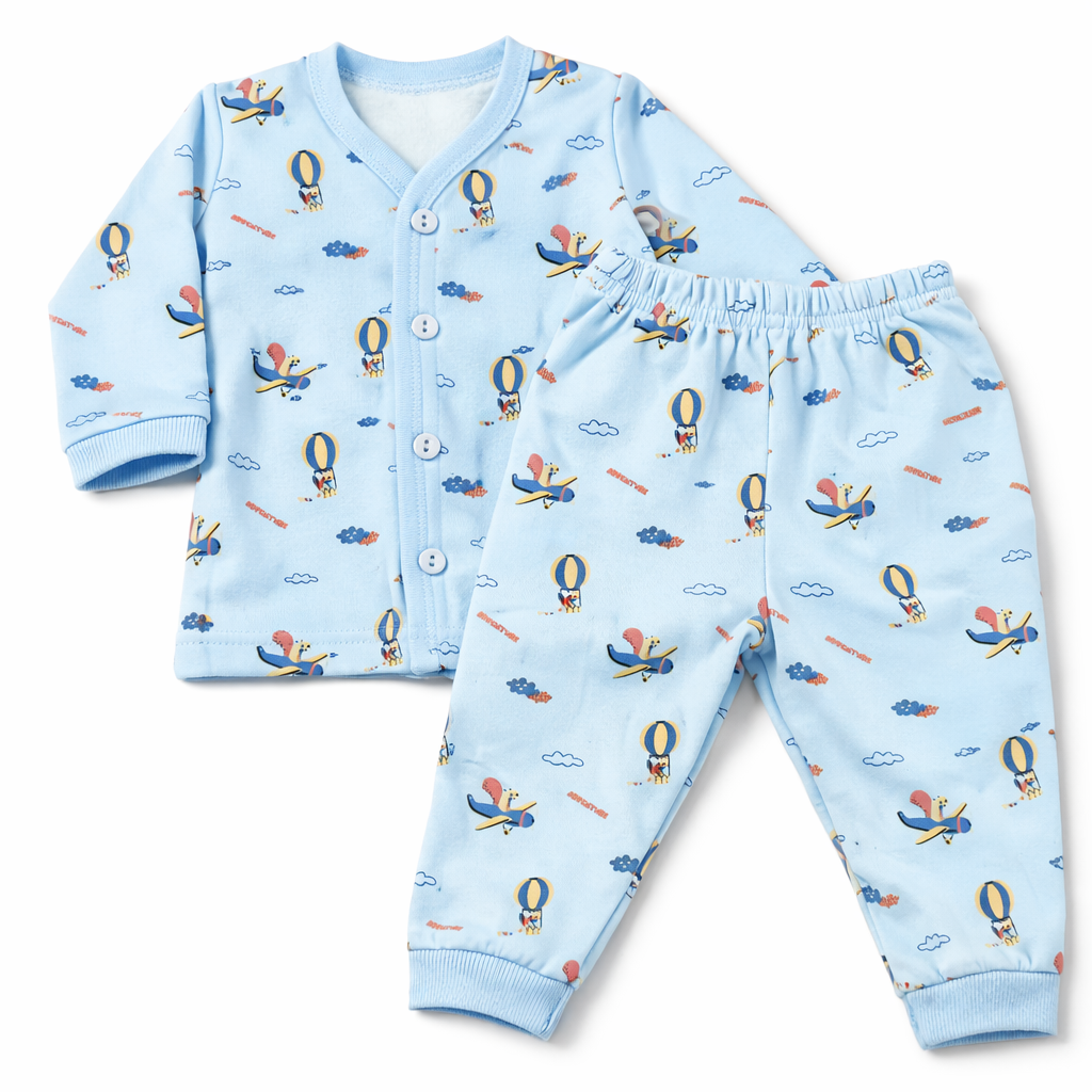 Krunchy Baby Aviation Printed Cotton Fleece T-Shirt with Pant Set – Sky Blue - Cutypi
